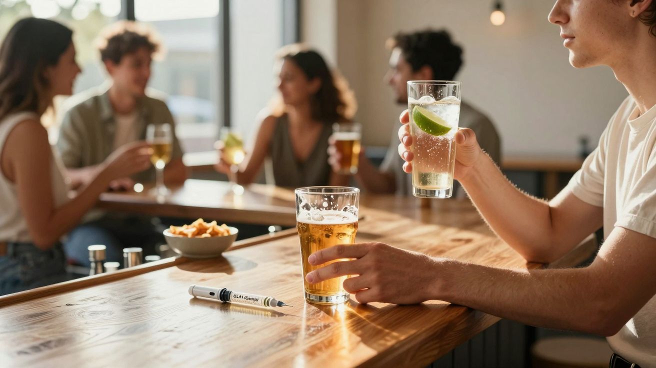 Grupa młodych ludzi w barze, na pierwszym planie insulinowy pen obok szkła z piwem i drinkiem z limonką.