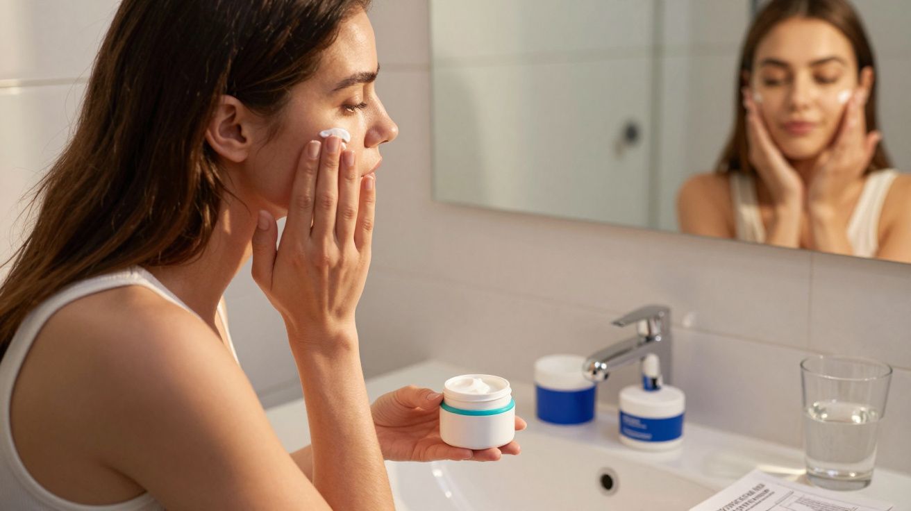 Kobieta nakłada krem na twarz stojąc przed lustrem w łazience przy umywalce.