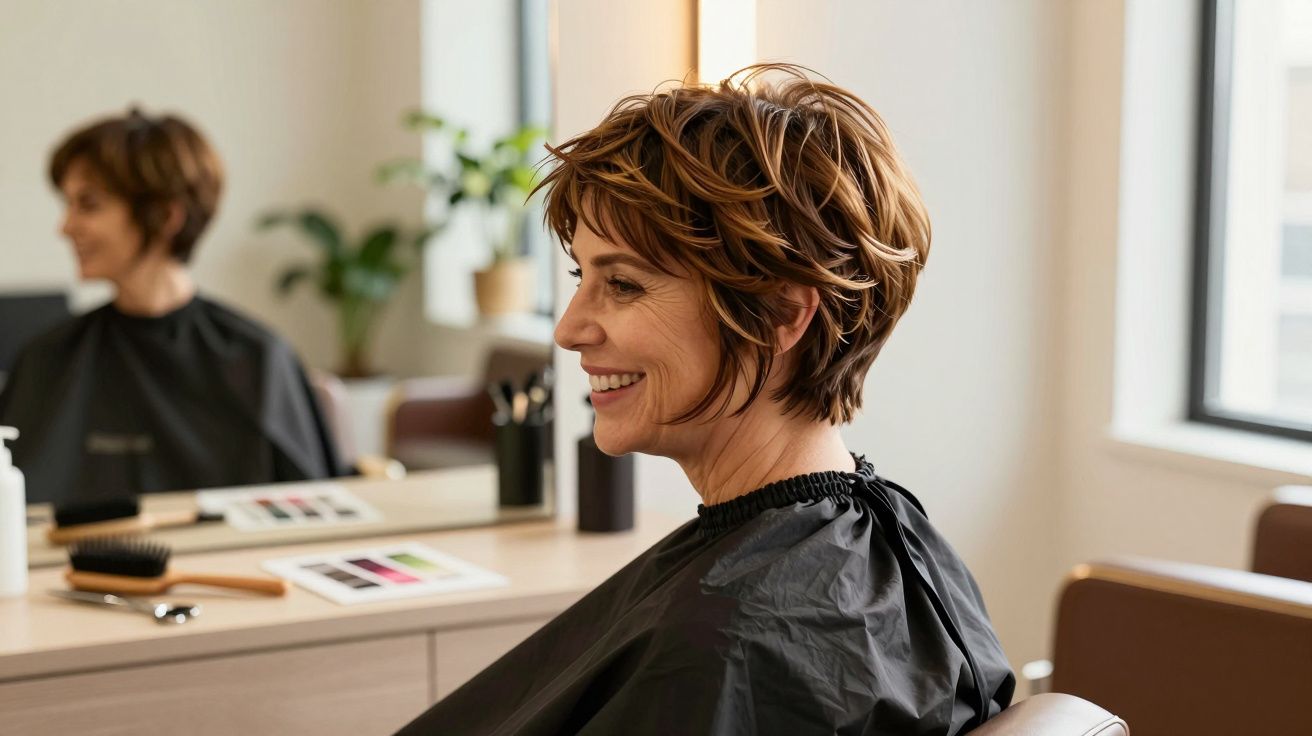 Kobieta z krótkimi, rudo-brązowymi włosami siedzi u fryzjera i uśmiecha się przed lustrem.