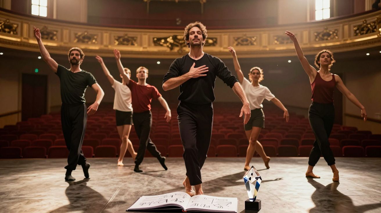 Grupa tancerzy ćwiczy balet na scenie teatru z otwartą książką nut i trofeum.