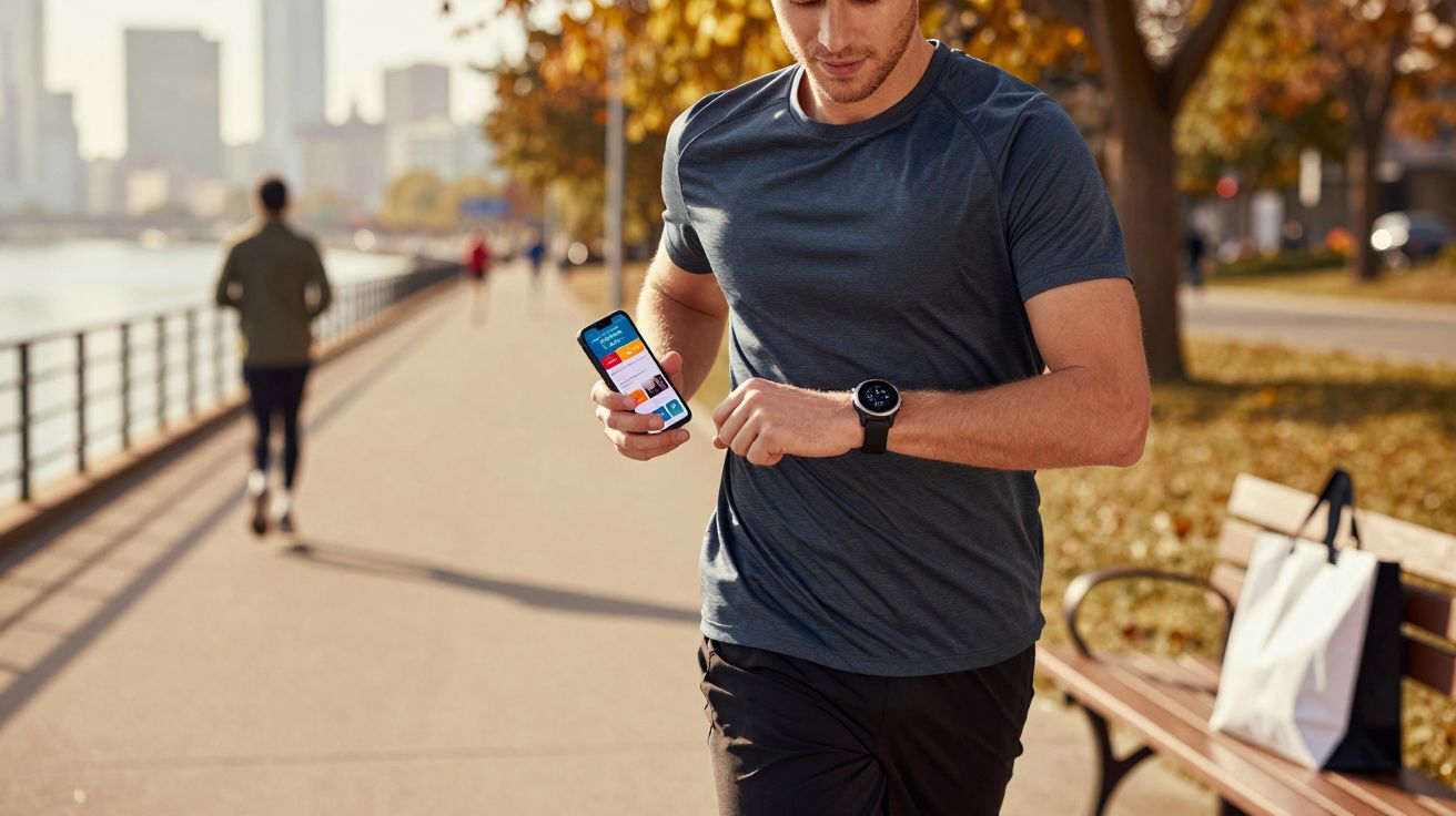 Mężczyzna biega w parku jesienią, trzymając smartfon i patrząc na zegarek sportowy.