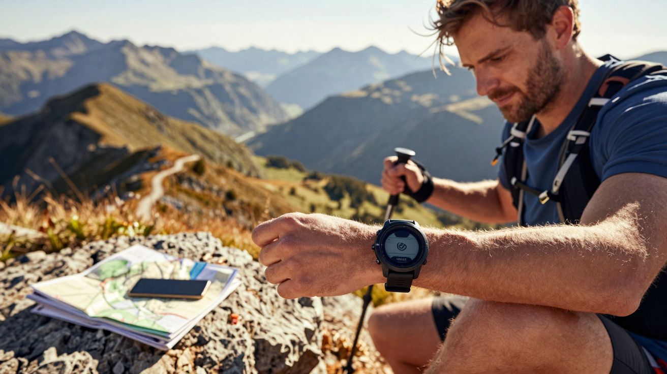 Mężczyzna w górach sprawdza zegarek sportowy, obok leży mapa i telefon na skale.