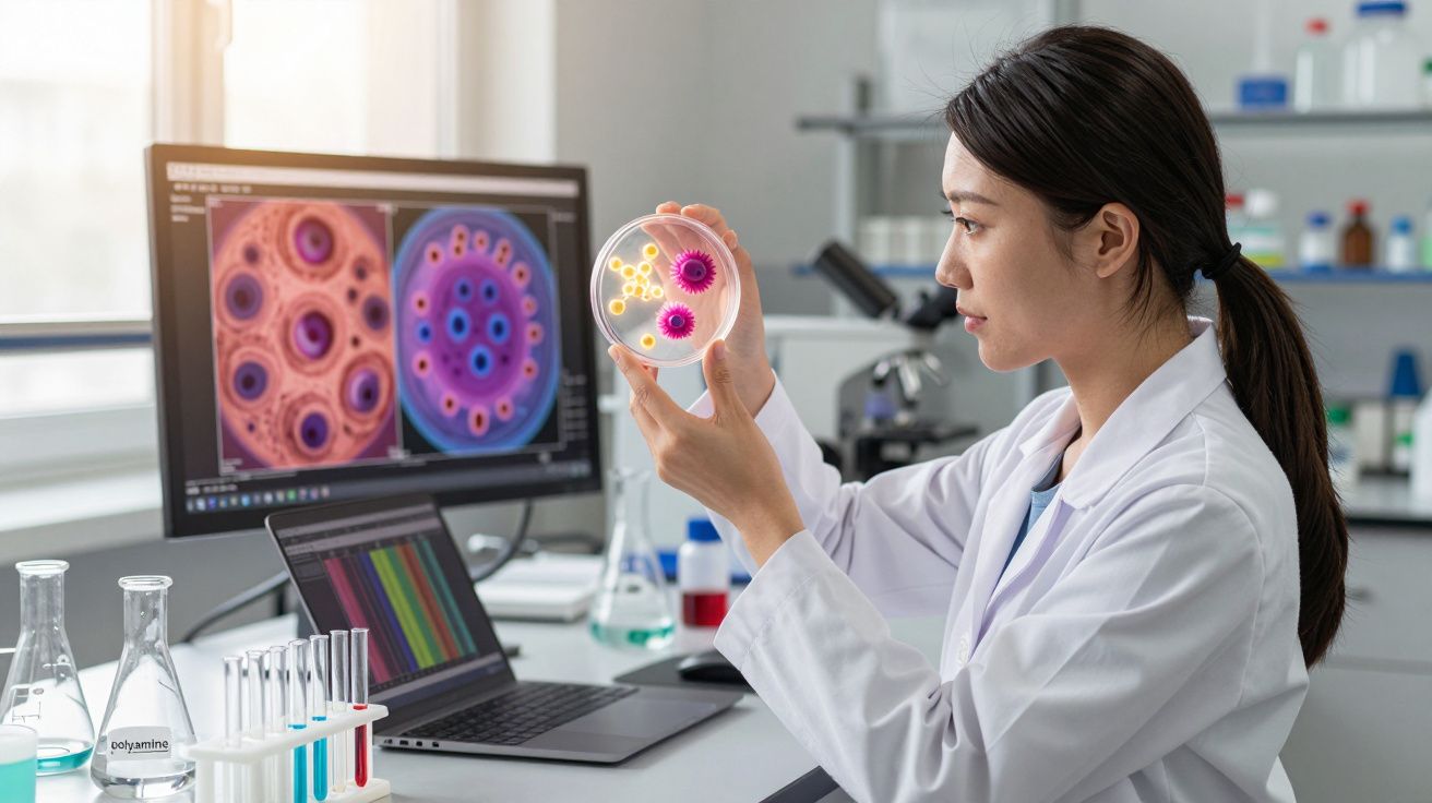 Naukowiec w laboratorium badający próbkę w szalce Petriego przy komputerze z wynikami badań mikroskopowych.