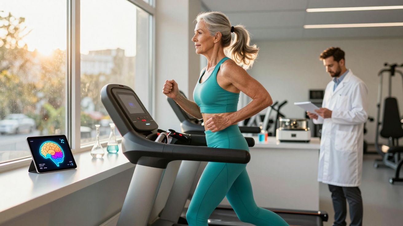 Starsza kobieta ćwiczy na bieżni w siłowni, a mężczyzna w laboratorium obserwuje dane na tablecie.