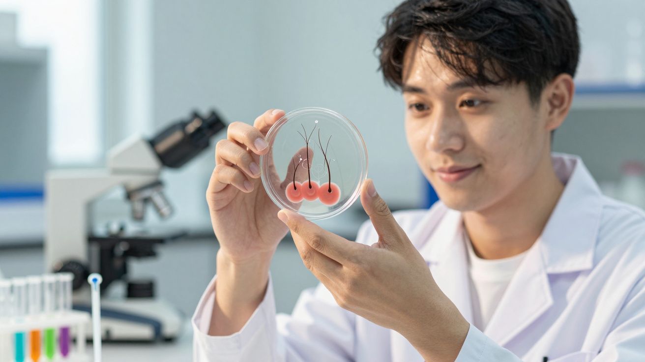 Naukowiec analizujący próbkę w szalce Petriego w laboratorium ze sprzętem mikroskopowym.