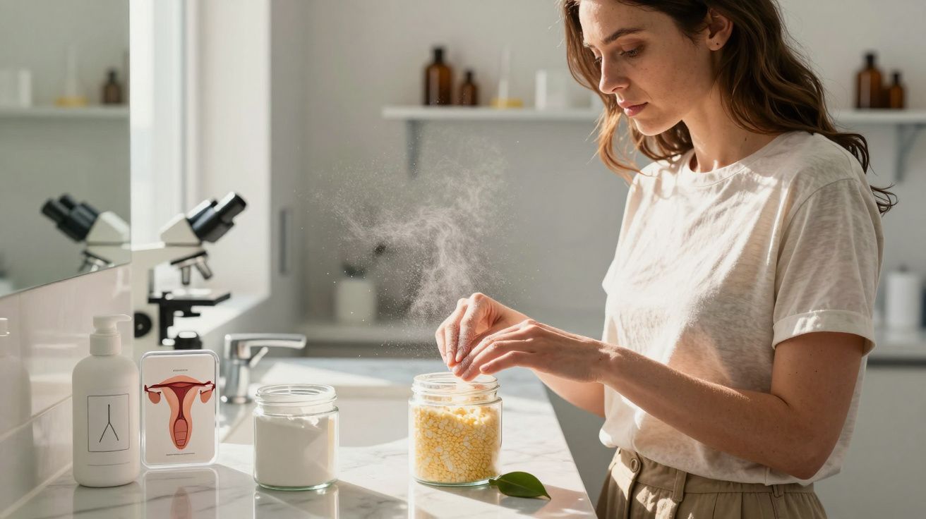 Kobieta nakładająca wosk z granulatu do depilacji w jasnej łazience z mikroskopem w tle.