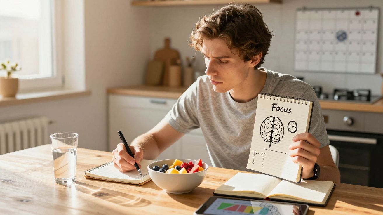 Młody mężczyzna siedzi przy stole, pisze notatki i trzyma szkicownik z napisem „Focus” i rysunkiem mózgu.