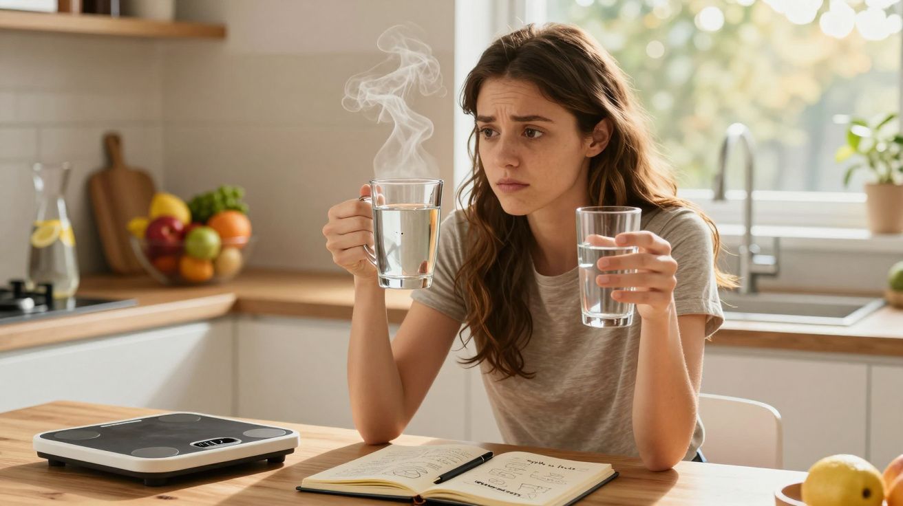 Zmartwiona kobieta trzymająca szklankę gorącej i zimnej wody, siedzi przy stole w kuchni.