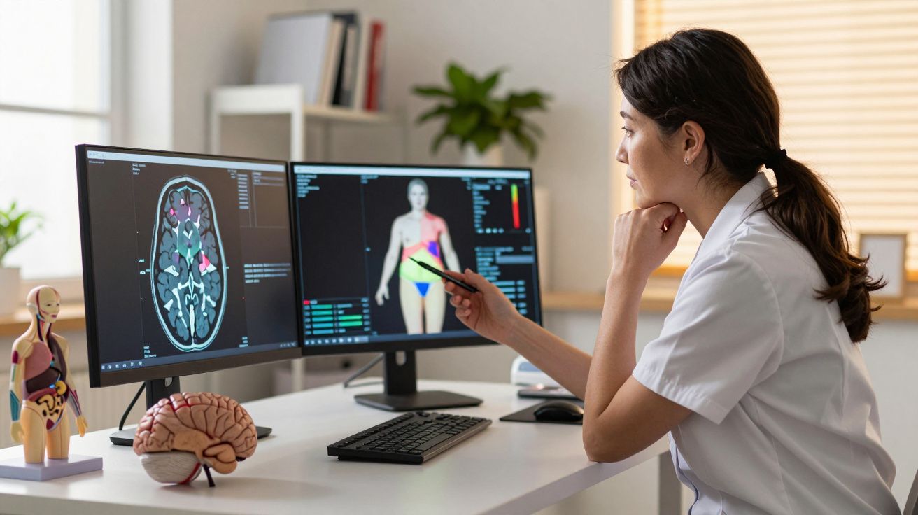 Lekarka analizująca skany medyczne mózgu i sylwetki człowieka na dwóch monitorach w gabinecie.