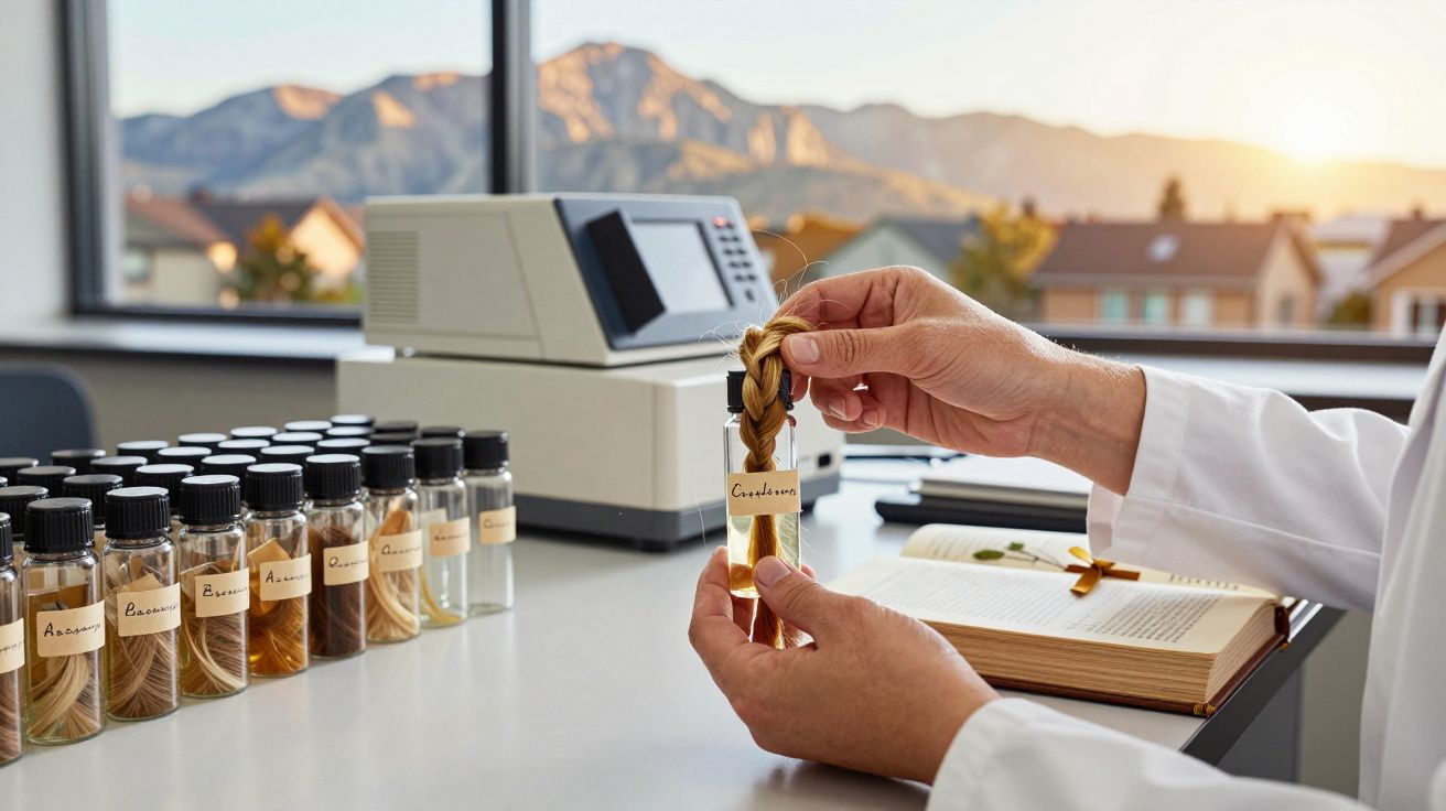 Ręce trzymają próbkę włosów w laboratorium z kilkoma słoikami i urządzeniem na tle gór.