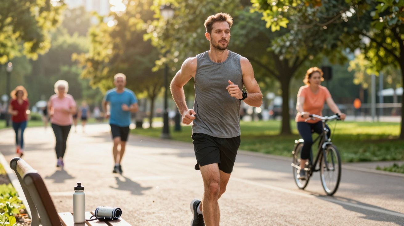 Mężczyzna biegnący w parku, w tle ludzie spacerują i jeżdżą na rowerze, słoneczny dzień.
