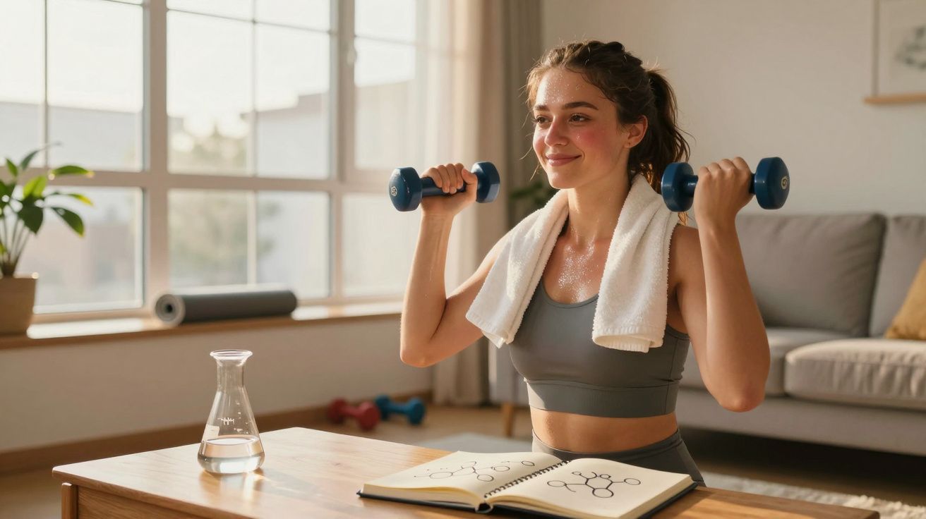 Młoda kobieta ćwiczy z hantlami w salonie, obok leży otwarty notatnik i szklanka wody.