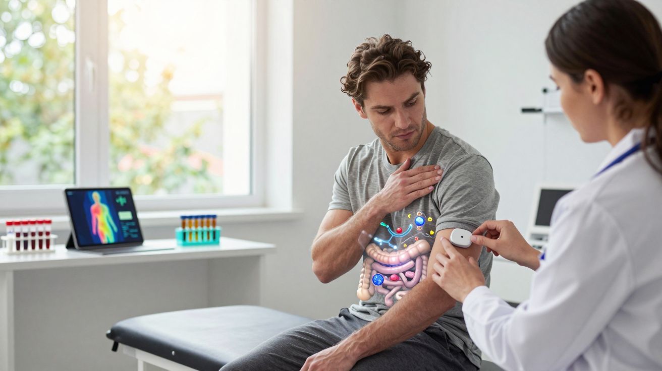 Mężczyzna u lekarza podczas badania skanującego trzustkę i układ trawienny widoczny holograficznie.