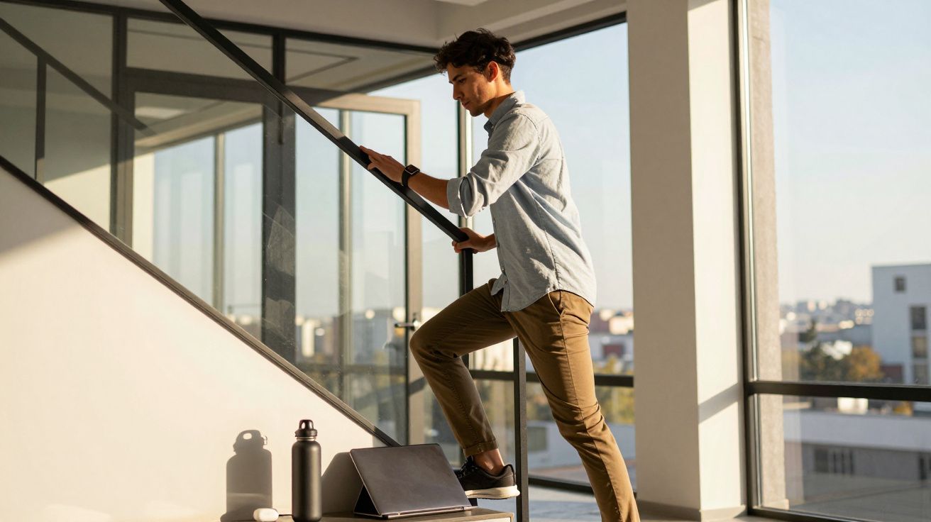 Mężczyzna ubrany smart casual wchodzący po schodach w nowoczesnym przestronnym biurze z dużymi oknami.