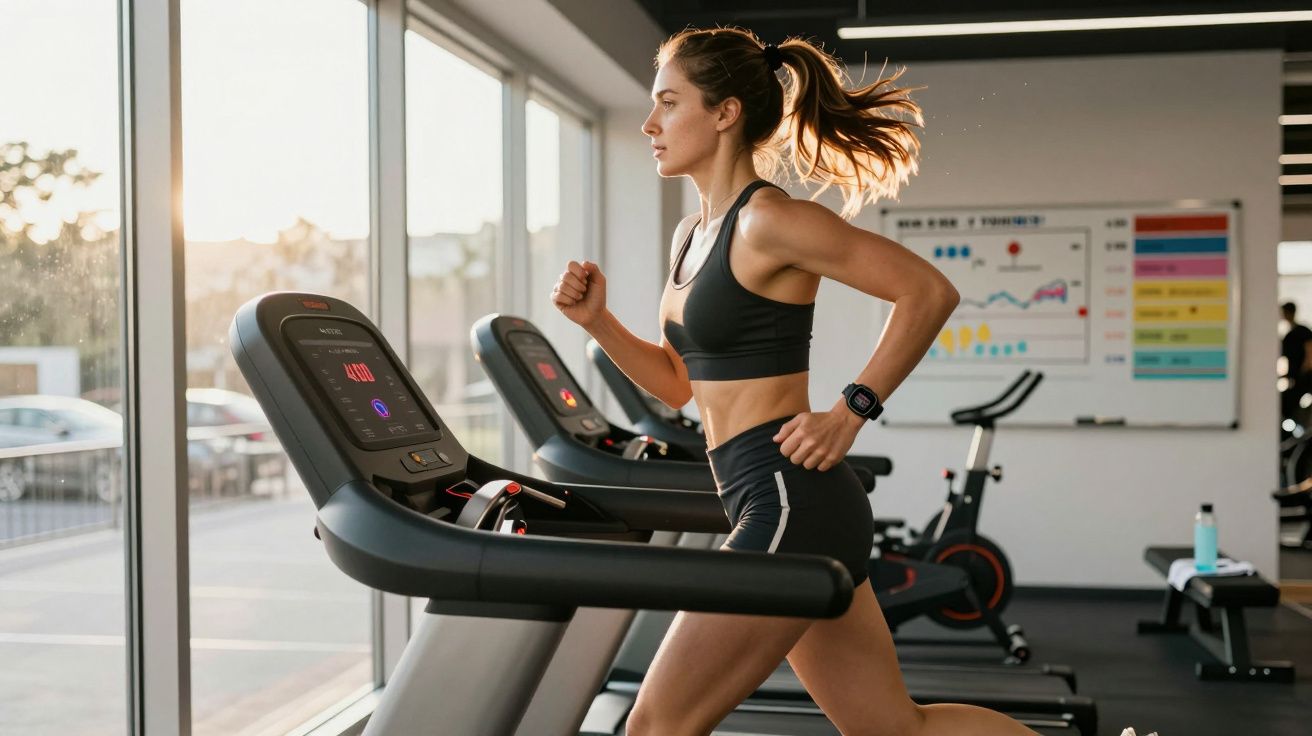 Kobieta biegająca na bieżni na siłowni, ubrana w czarny strój sportowy, z zaczesanymi włosami.