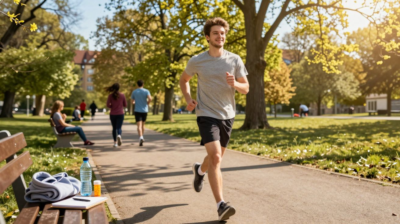 Młody mężczyzna biegnie w parku w słoneczny dzień, w tle spacerują i siedzą inni ludzie.