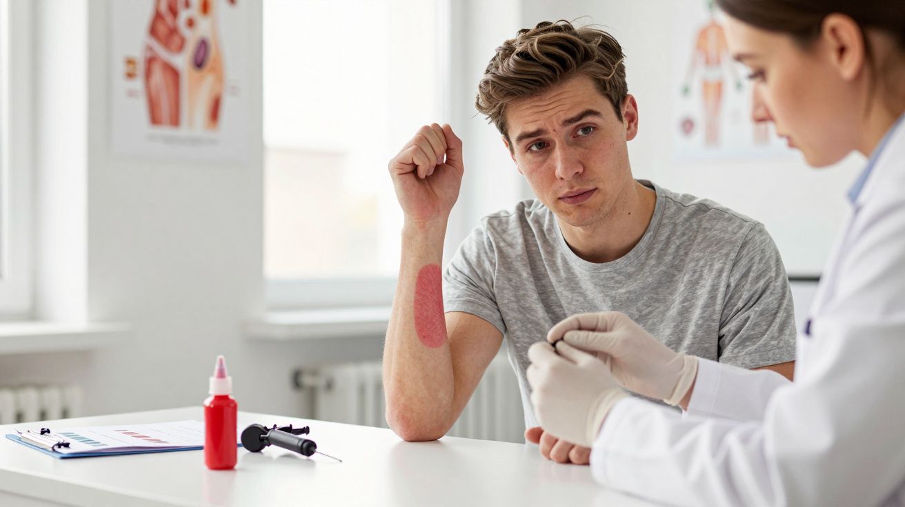Mężczyzna z zaczerwienionym paskiem na ramieniu podczas konsultacji z lekarzem w gabinecie medycznym.