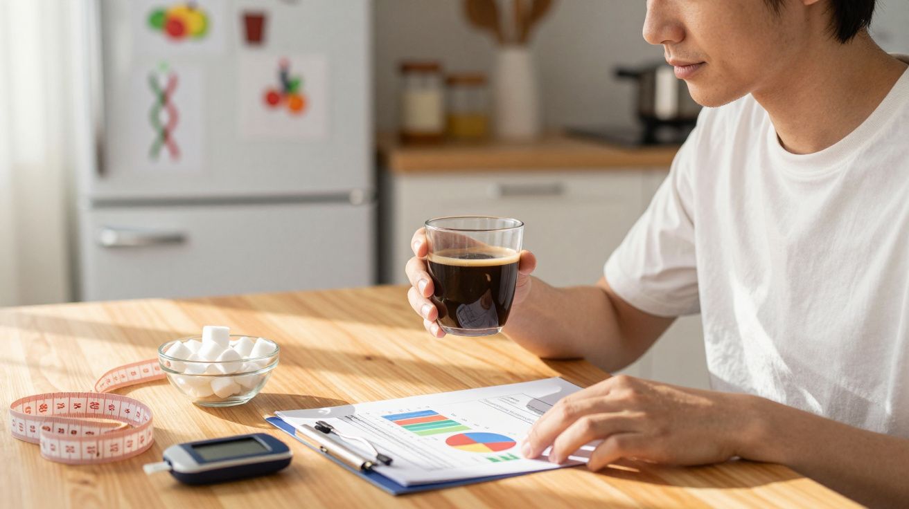 Mężczyzna z kawą analizuje wyniki badań na stole z cukrem, glukometrem i miarką krawiecką.