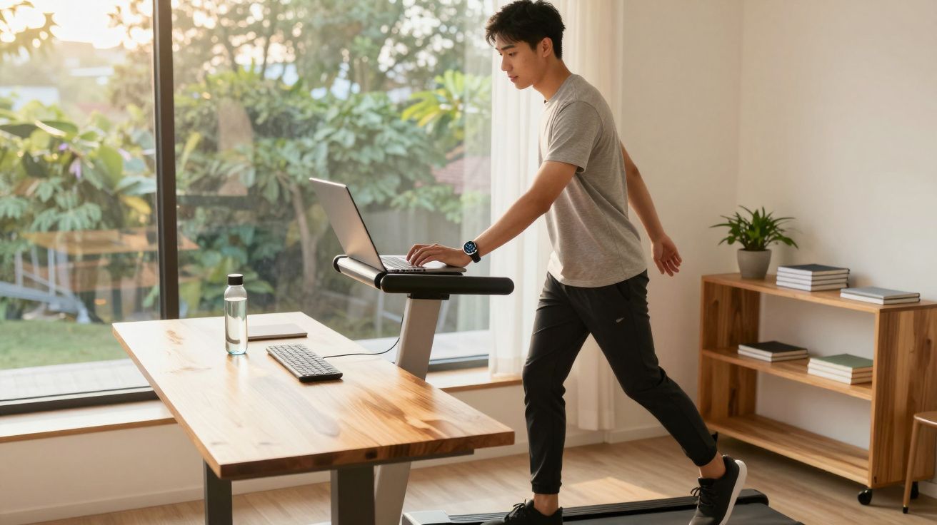 Mężczyzna korzystający z laptopa podczas chodzenia na bieżni w jasnym pokoju z dużym oknem.