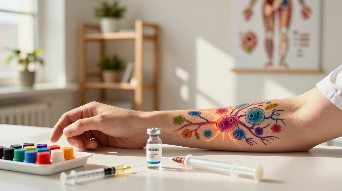 Ramię z kolorowym tatuażem komórek, obok leżą strzykawki i fiolka z lekiem na białym stole.