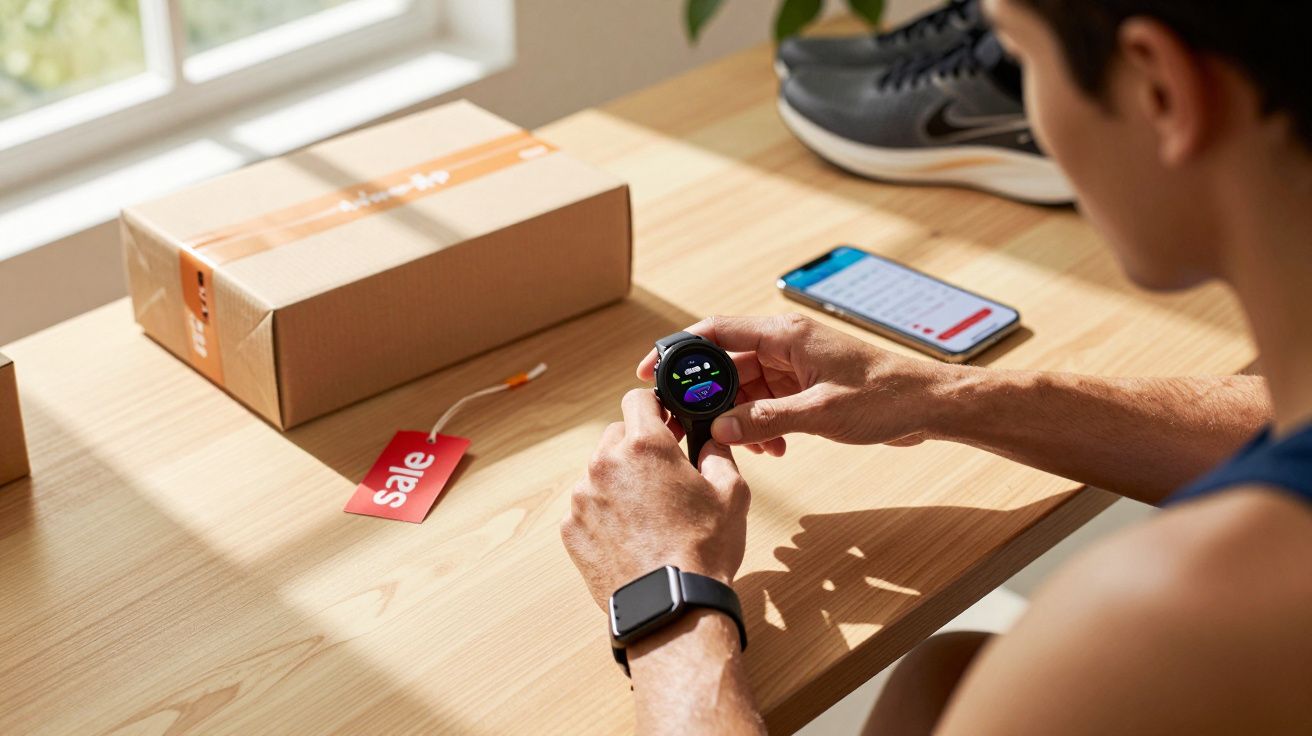 Mężczyzna przegląda smartwatch na nadgarstku przy stole z paczką i telefonem z aplikacją fitness.