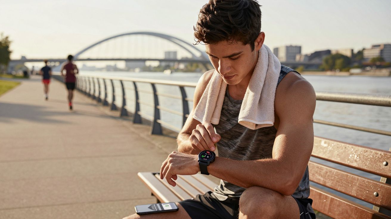 Mężczyzna odpoczywa na ławce nad rzeką, patrząc na smartwatch, z ręcznikiem na szyi.