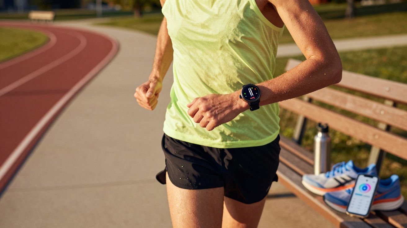 Biegacz w żółtej koszulce z smartwatchem biegnie po ścieżce, obok ławka z butami i telefonem.