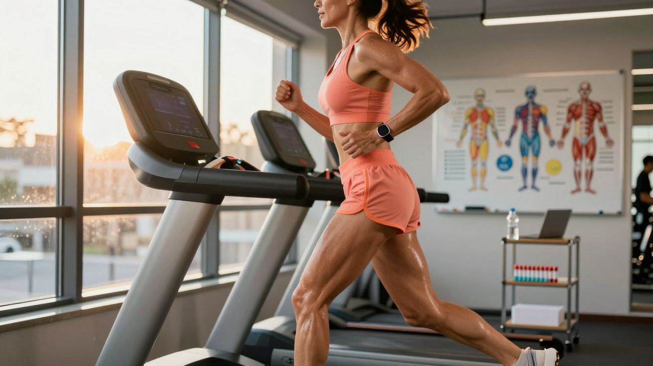Kobieta w różowym stroju biega na bieżni w jasnej siłowni z planszą anatomiczną na ścianie.