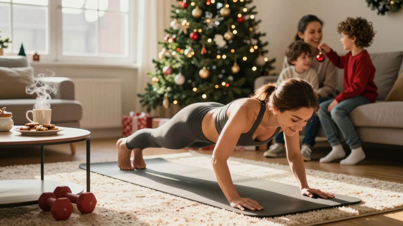 Kobieta ćwiczy na macie do jogi w salonie z choinką, a w tle siedzi uśmiechnięta rodzina.