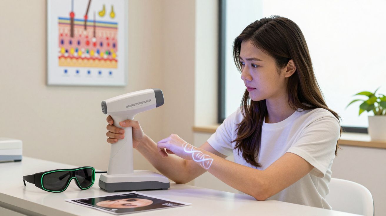 Kobieta przeprowadza badanie skóry ramienia za pomocą urządzenia do analizy dermatologicznej w laboratorium.