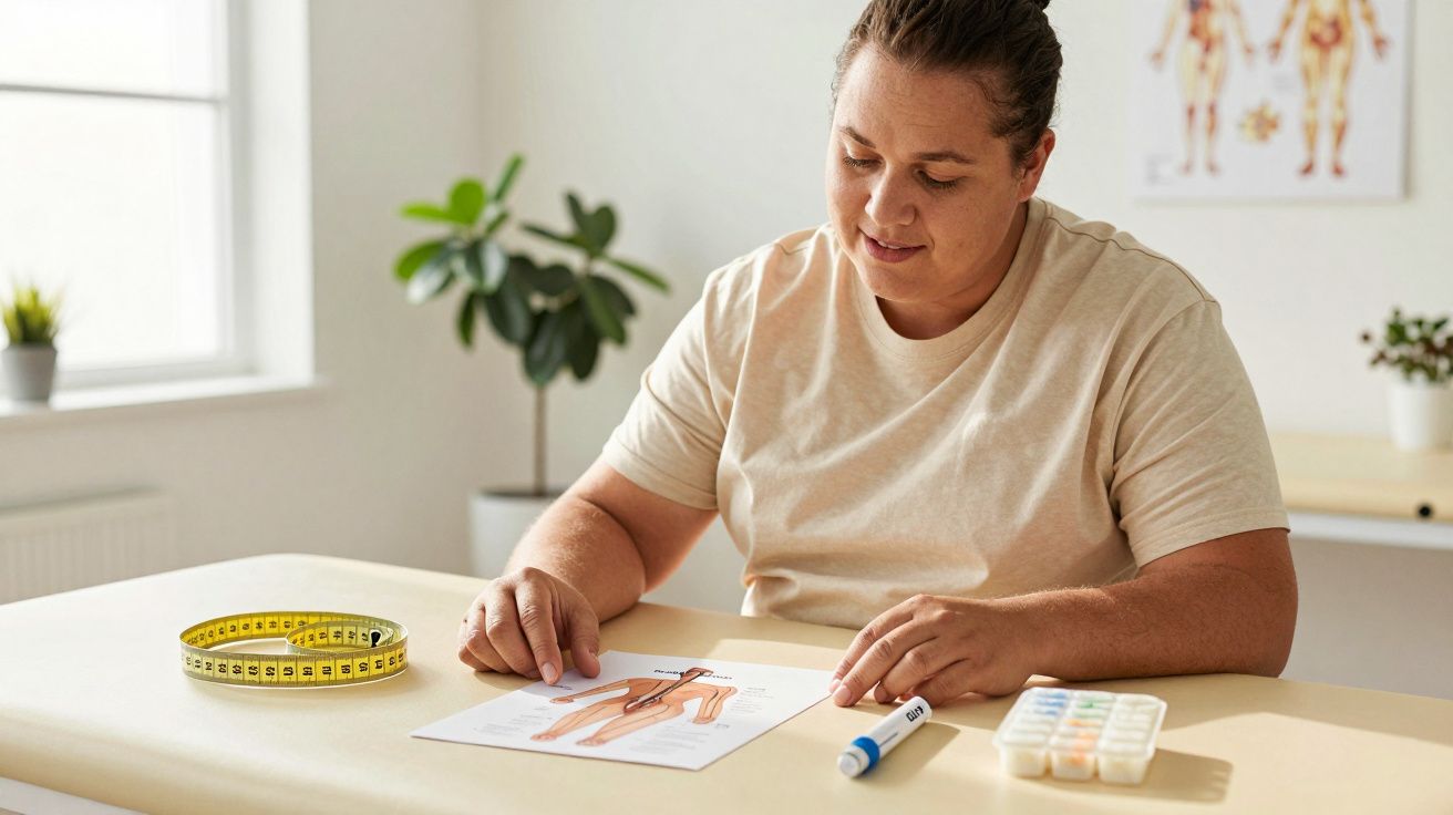Kobieta analizująca schemat żył na ramieniu, na stole miarka, pen oraz organizer z tabletkami.