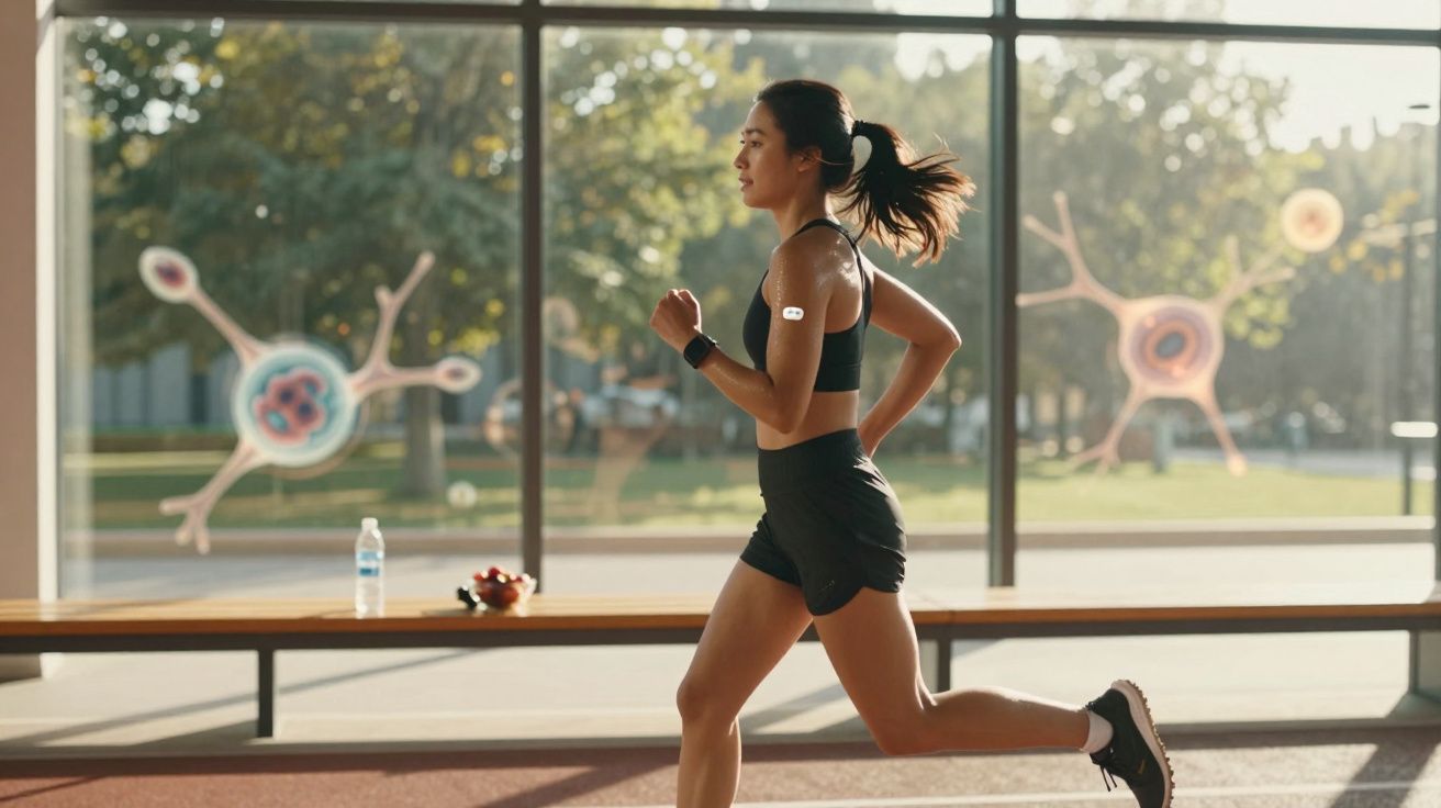 Kobieta biegająca na bieżni w sportowym stroju przy dużych oknach z widokiem na park.