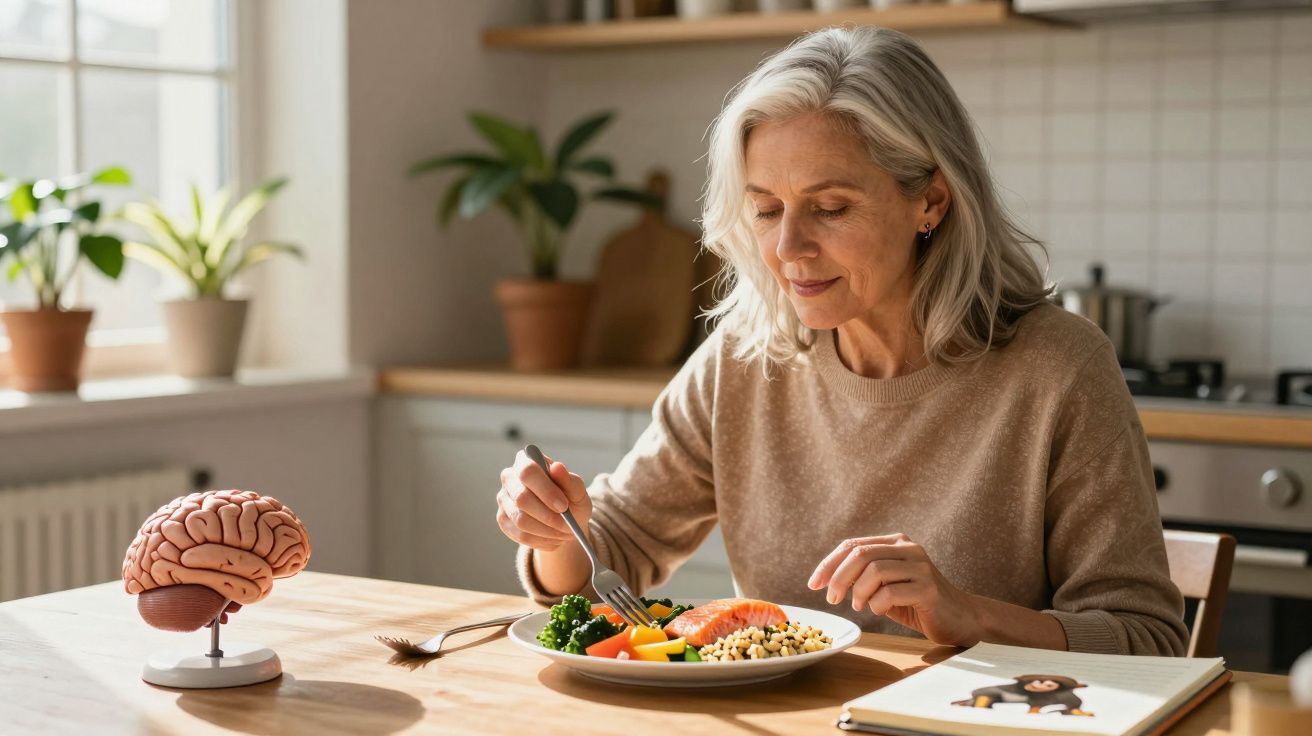Starsza kobieta je zdrowy posiłek przy stole, obok model mózgu i notes z rysunkiem małpy.