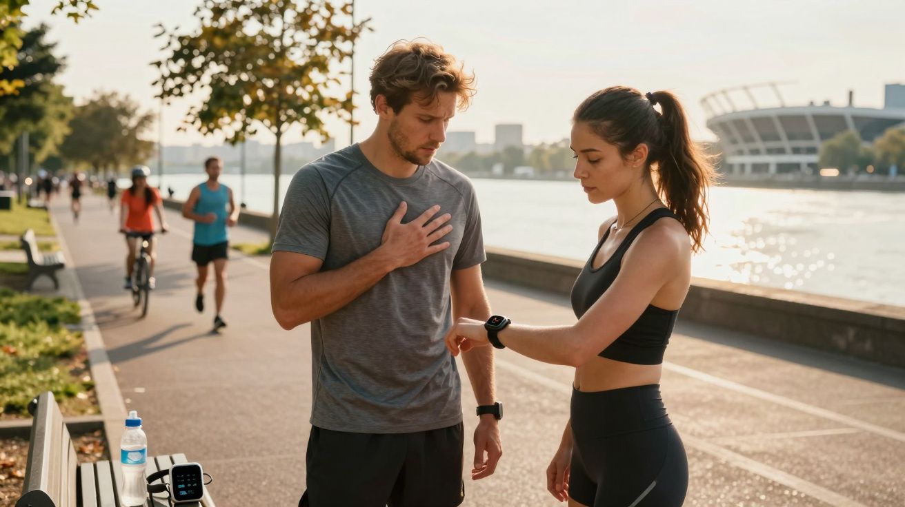 Para sportowców nad rzeką bierze przerwę, dziewczyna sprawdza zegarek, mężczyzna trzyma się za klatkę piersiową.