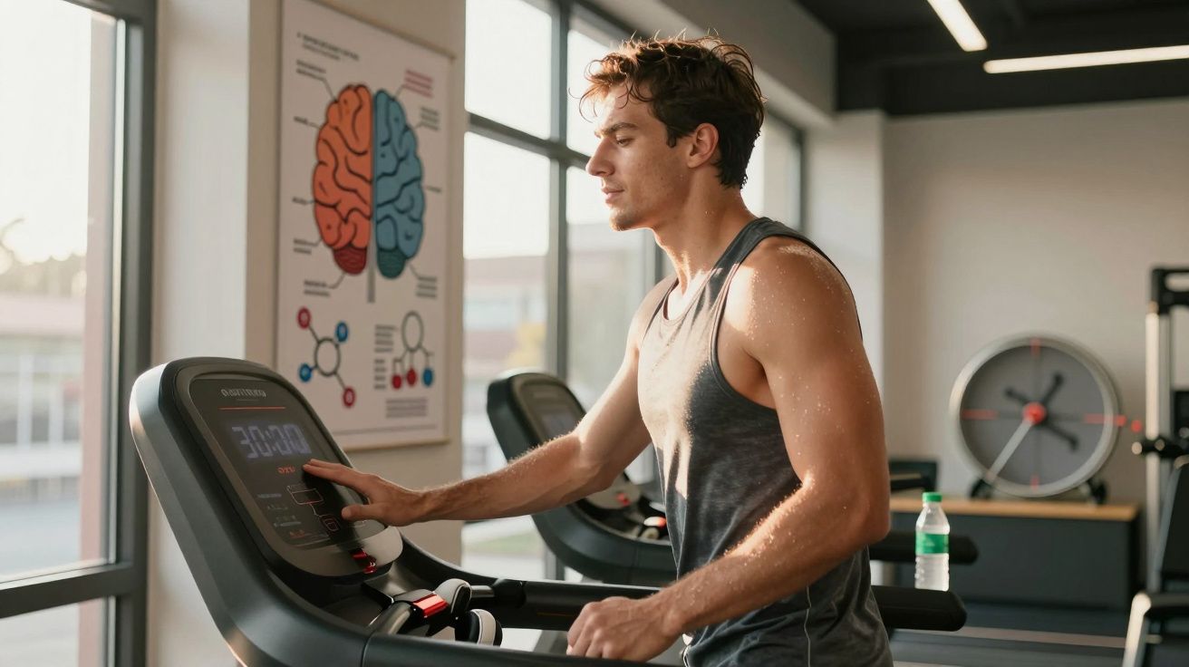 Mężczyzna na siłowni obsługujący bieżnię, w tle plansza mózgu i zegar ścienny.