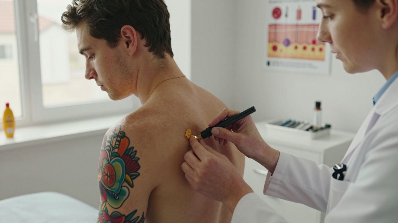 Lekarz badający znamiona na plecach mężczyzny z tatuażem w gabinecie dermatologicznym.