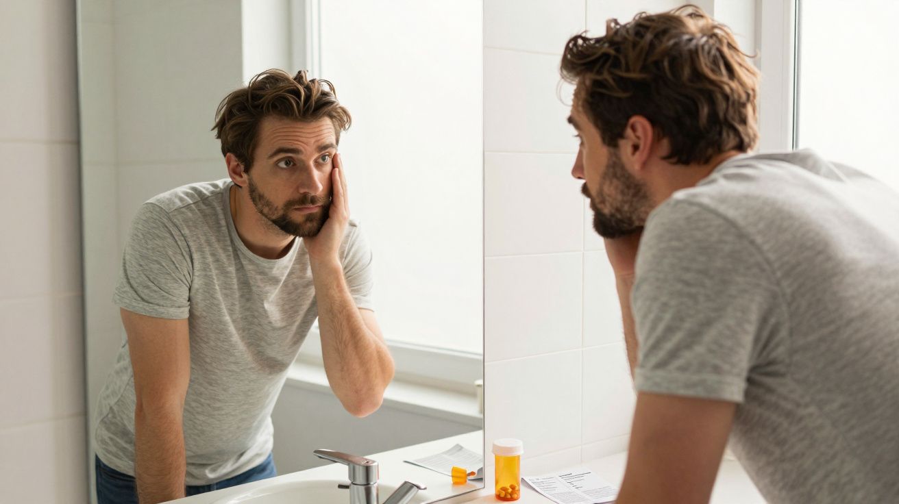 Mężczyzna w szarej koszulce patrzy zaniepokojony na swoją twarz w lustrze łazienki.
