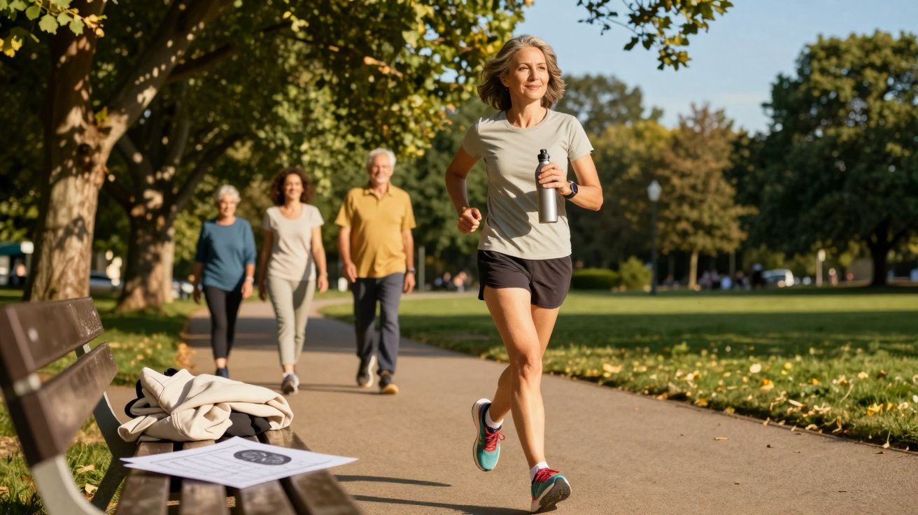 Kobieta biegająca z butelką wody po parku, za nią spacerują dwie kobiety i mężczyzna.