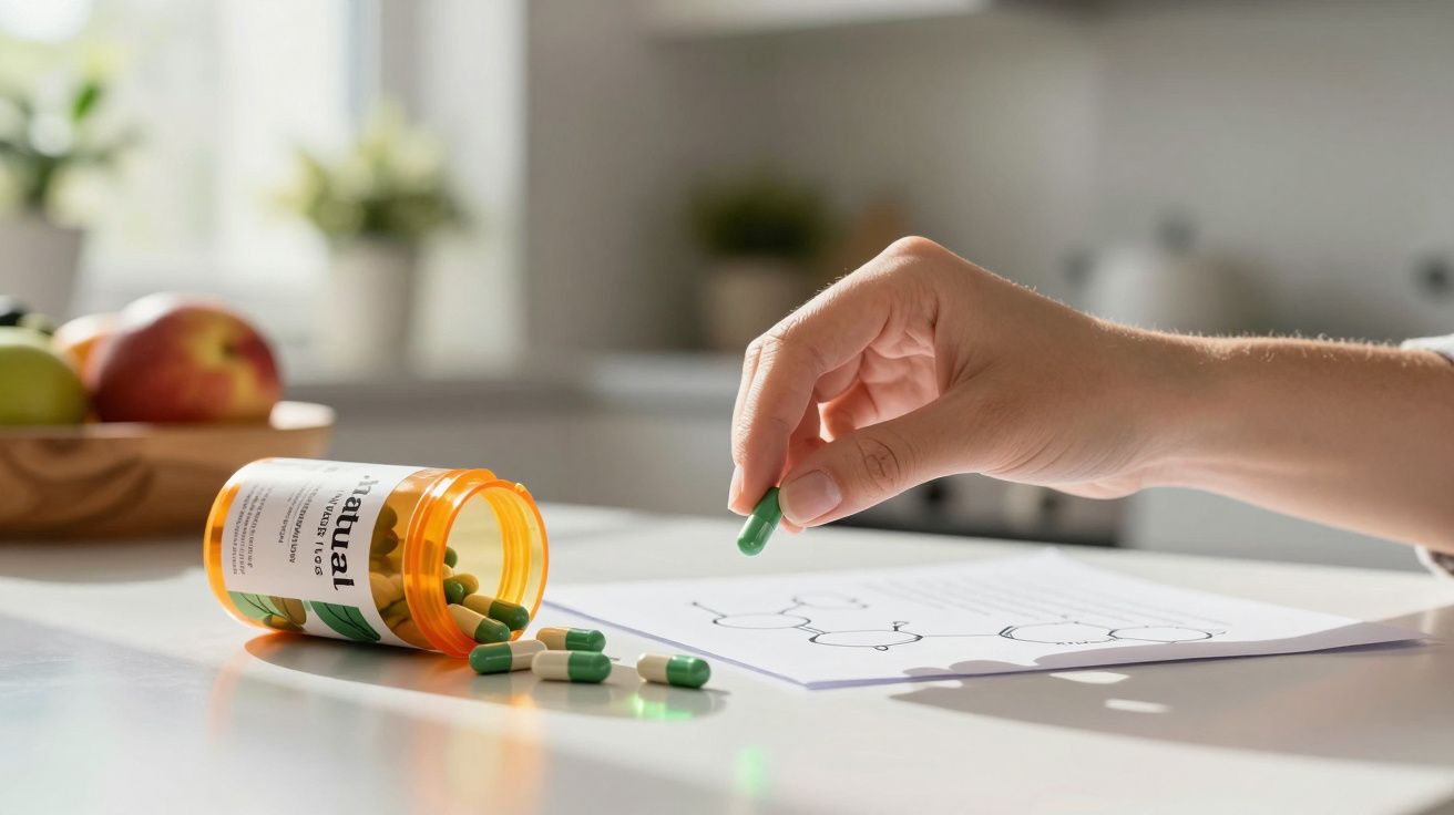 Ręka trzymająca zielono-białą kapsułkę nad dokumentem, obok leży przewrócona buteleczka z tabletkami.