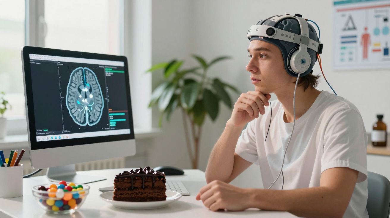 Młody mężczyzna z elektrodami na głowie analizujący skan mózgu na komputerze w jasnym pokoju.