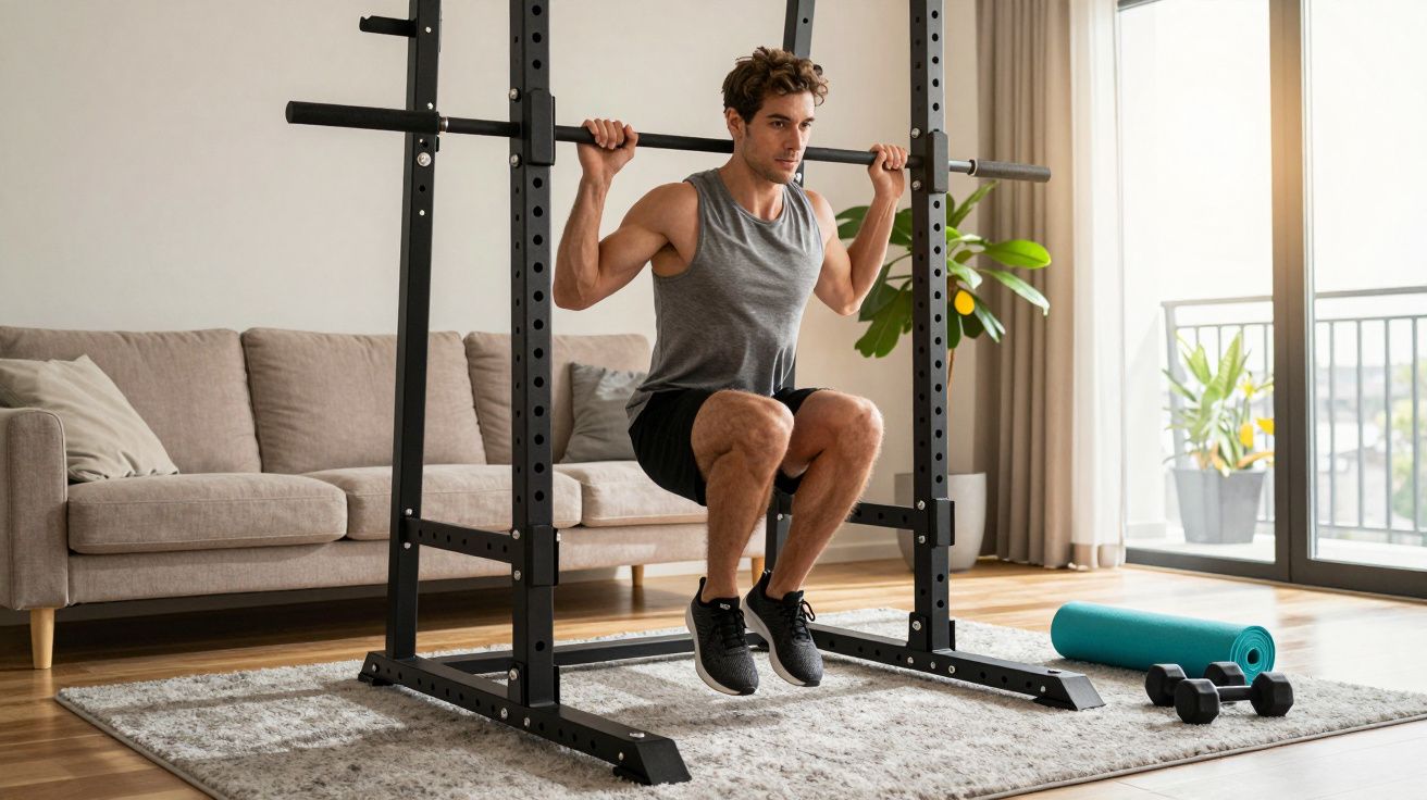 Mężczyzna wykonujący przysiady z gryfem w domowej siłowni na dywanie obok maty i hantli.