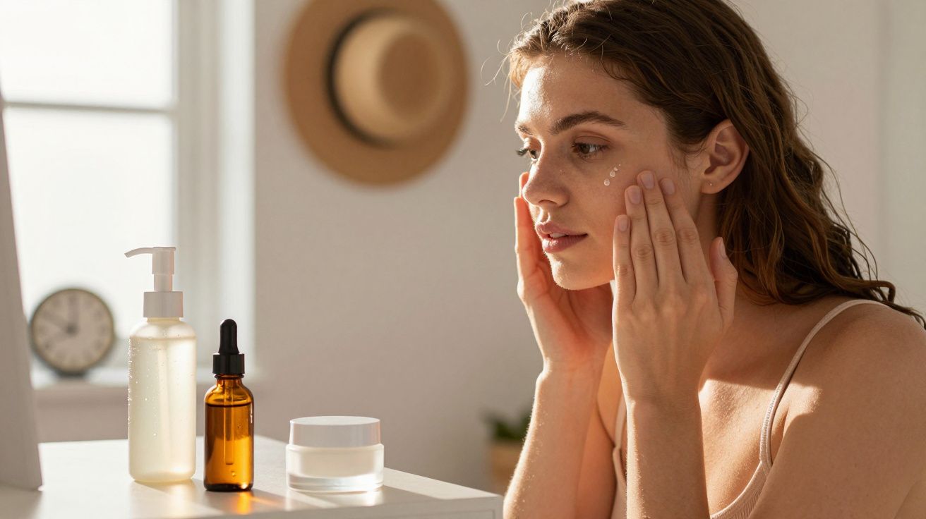 Kobieta nakładająca krem na twarz, obok stoją butelki z kosmetykami na białym stoliku.