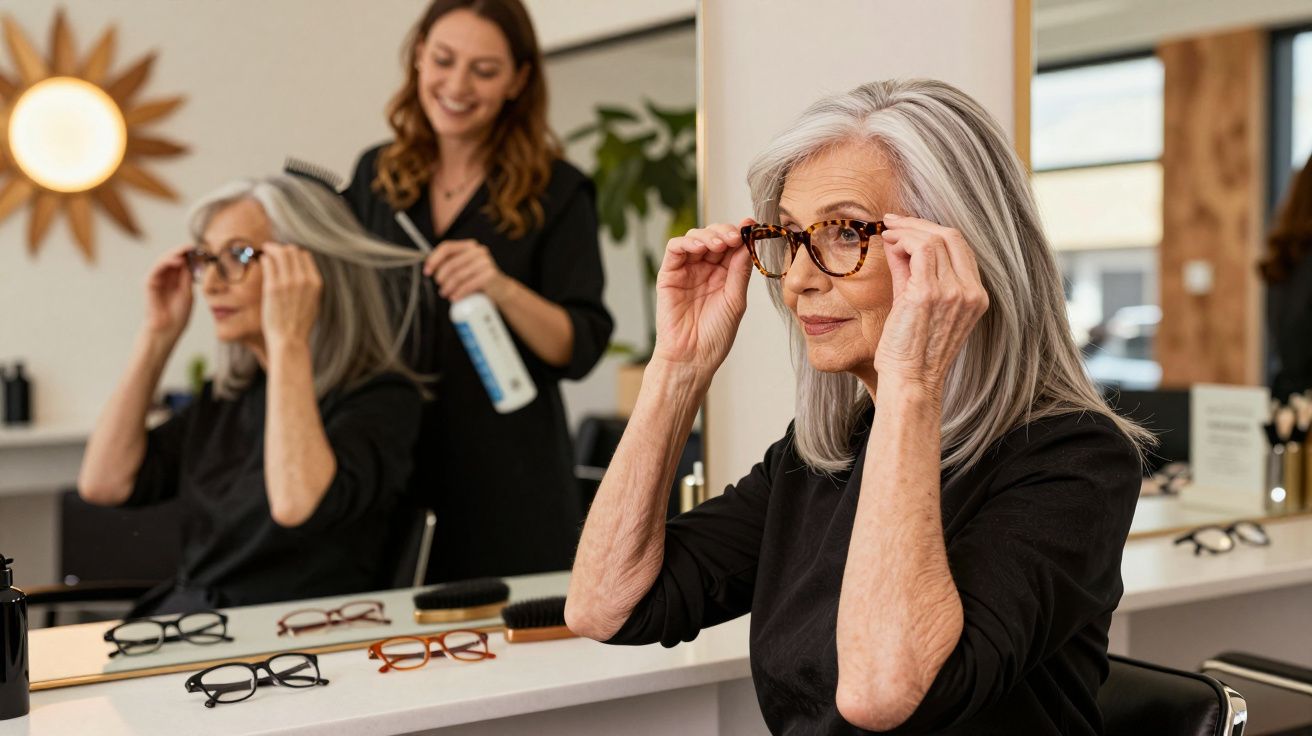 Starsza kobieta przymierzająca okulary w salonie fryzjerskim, stylistka przygotowuje jej włosy.
