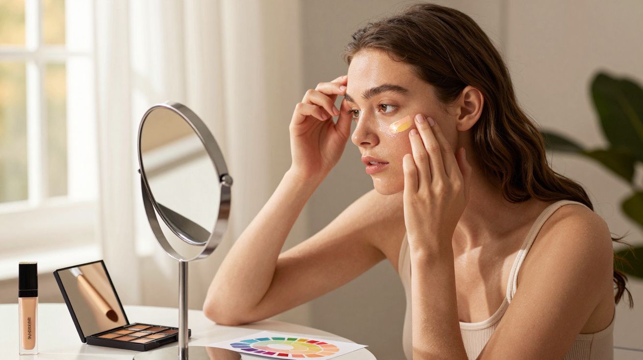 Kobieta nakłada krem pod oczy, siedząc przy biurku z lusterkiem i paletą cieni do powiek.