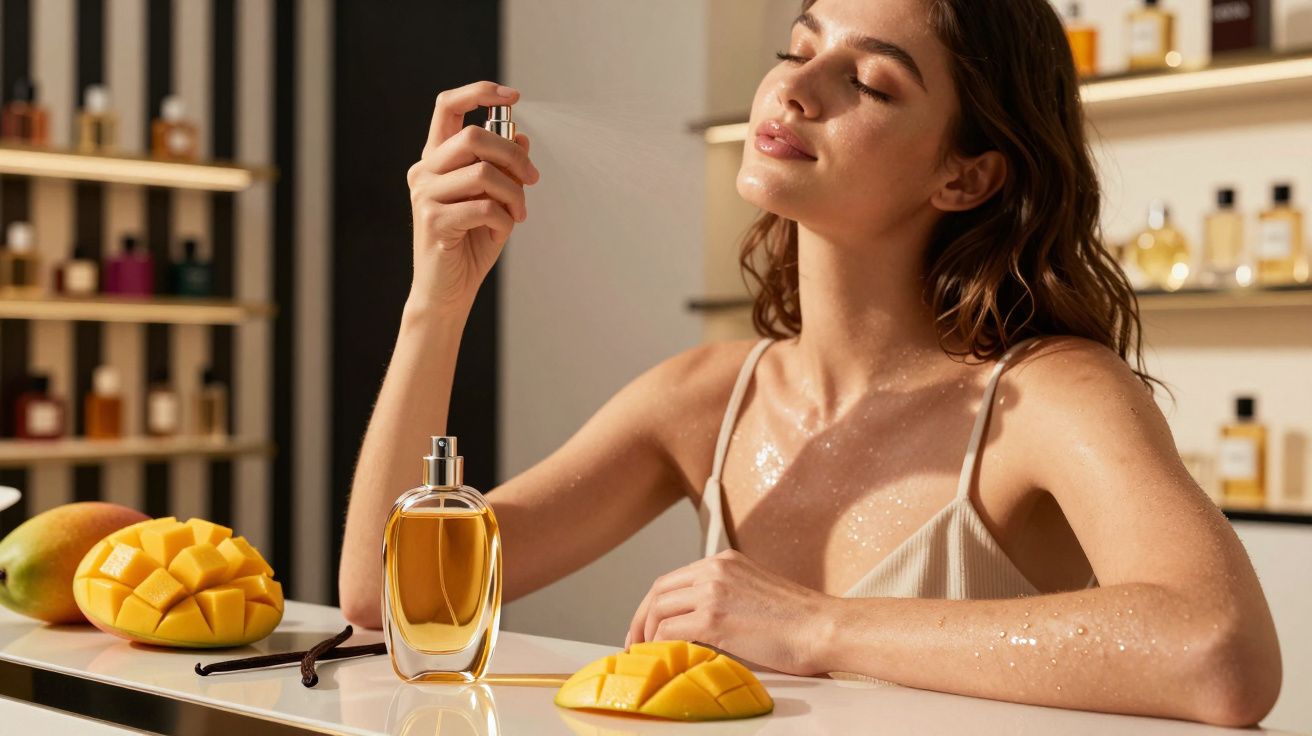 Kobieta spryskuje twarz perfumami, obok leżą świeże mango na białym blacie.