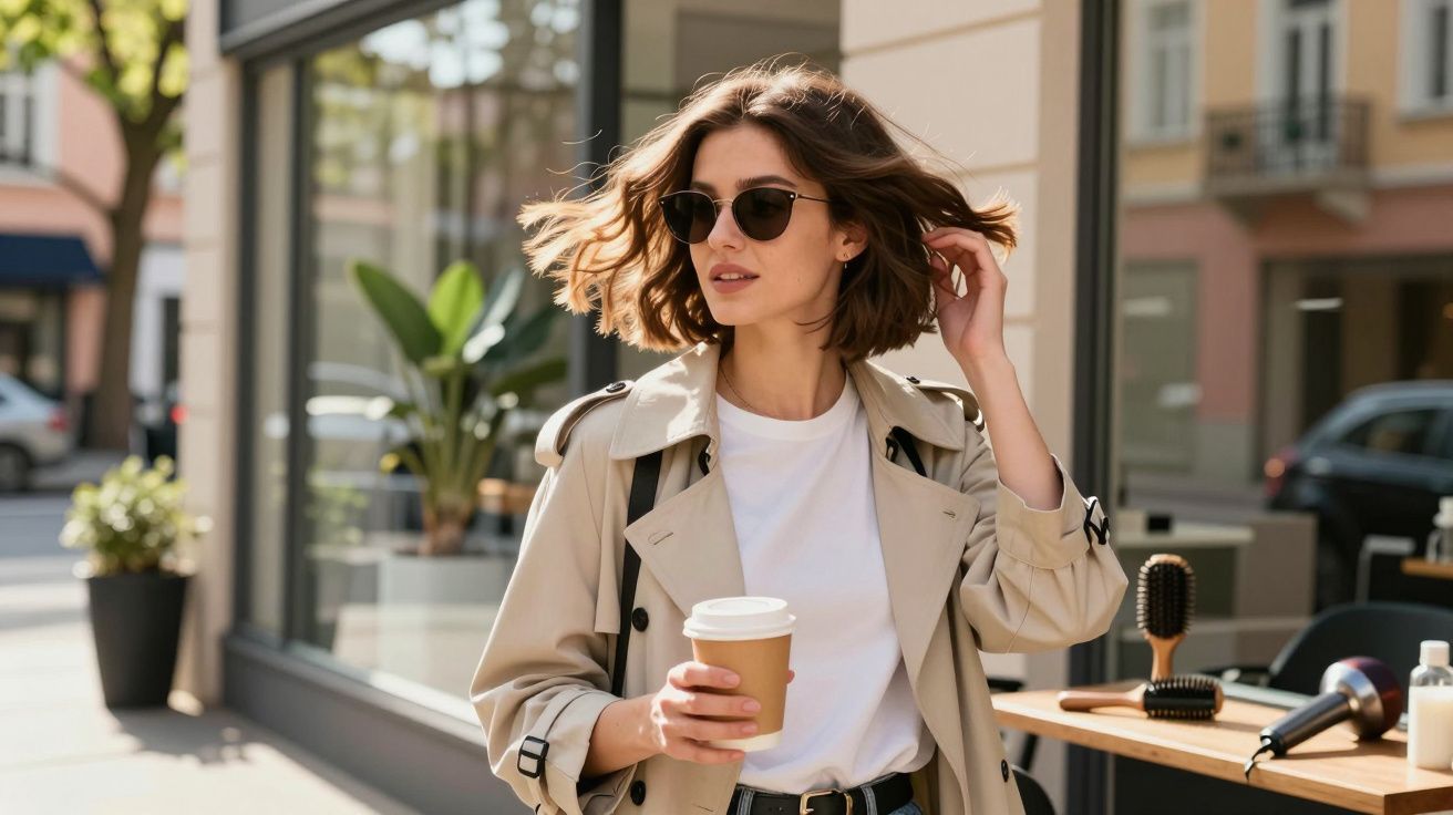 Kobieta w beżowym trenczu i okularach przeciwsłonecznych trzyma kubek na kawę na ulicy miasta.