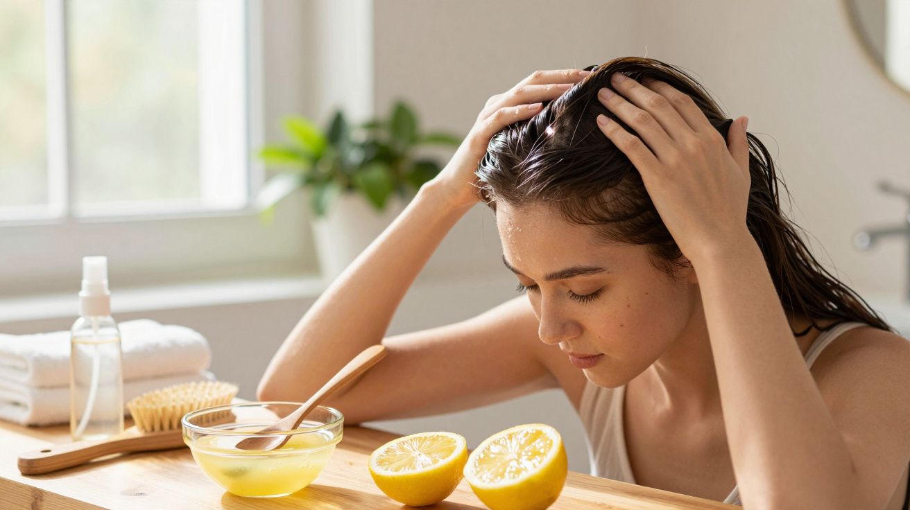Kobieta nakłada naturalną maseczkę do włosów z cytryny w jasnym, domowym otoczeniu łazienki.