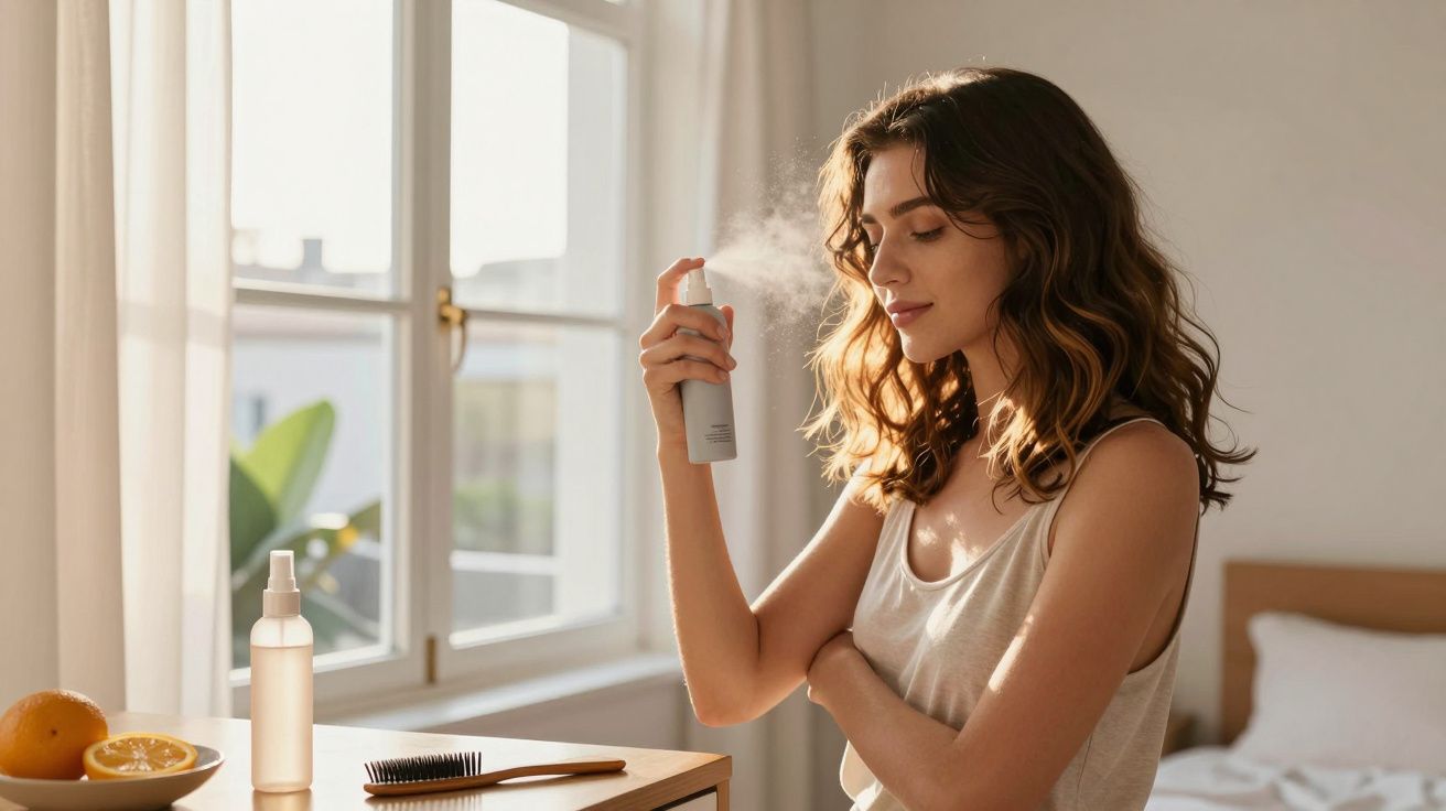 Kobieta spryskuje twarz mgiełką w jasnym pokoju przy oknie o poranku.