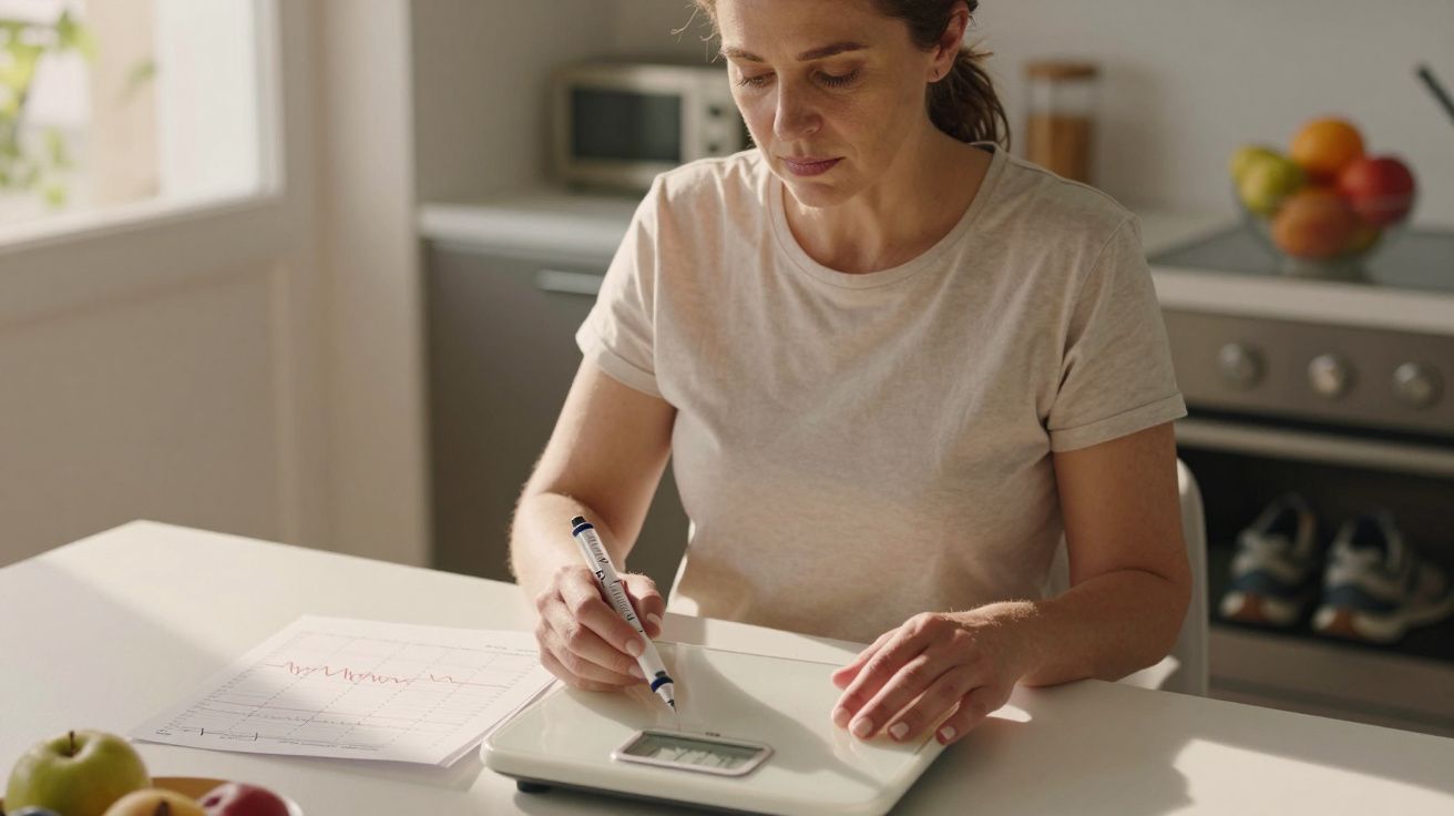 Kobieta mierząca wagę ciała w kuchni z kartą zdrowia i owocami na stole.