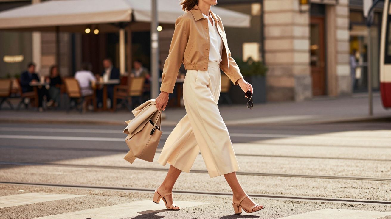 Kobieta w beżowym płaszczu i kremowych spodniach przechodzi przez pasy na ulicy w mieście.